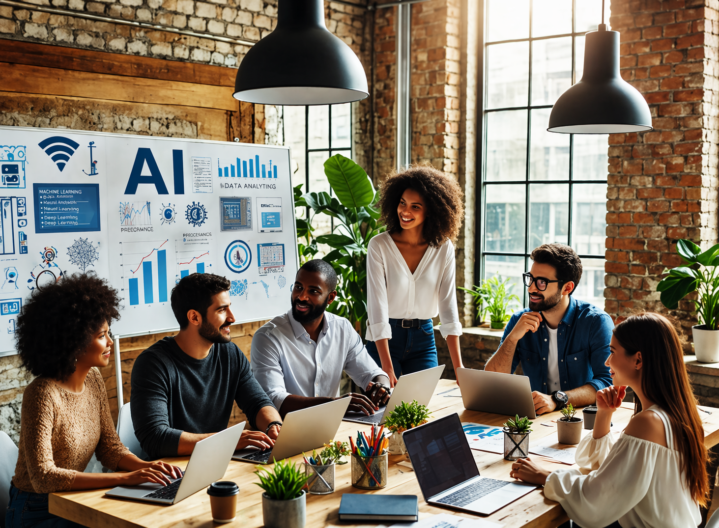 A diverse team of professionals collaborating around a table in a modern office with a whiteboard displaying AI data and charts.